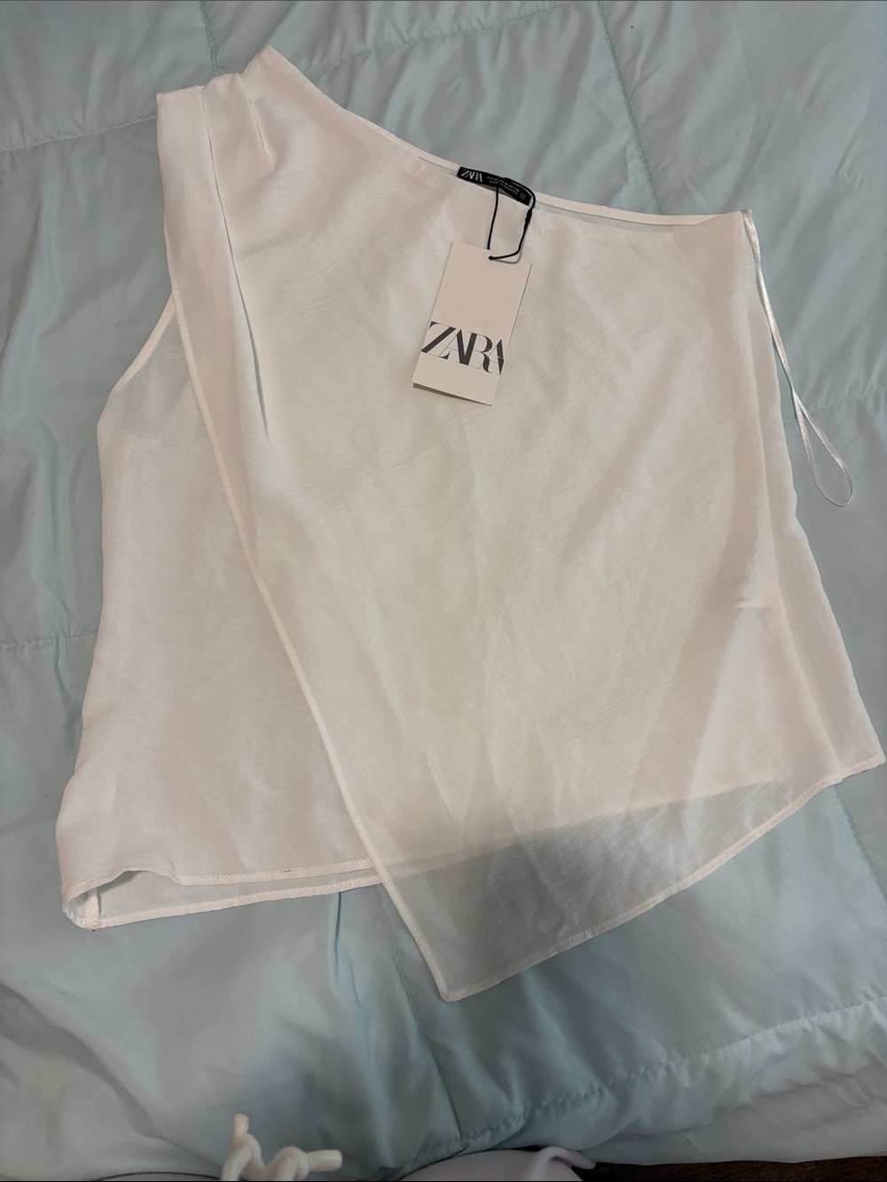 New - Zara White Sheer Asymmetric One-Shoulder Top